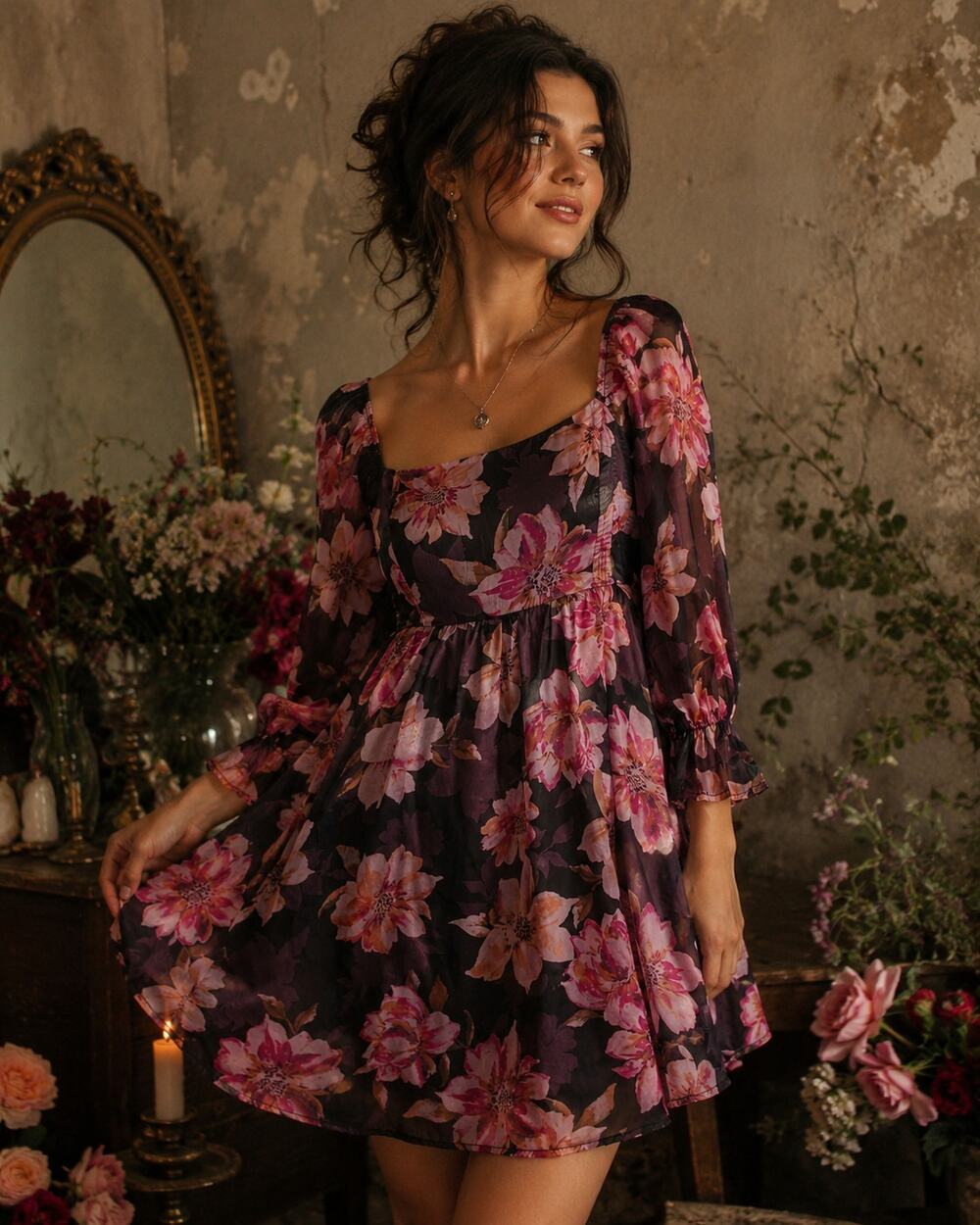 Thirty Thirty Floral Mini Dress Medium Poof High Waist Babydoll Whimsical